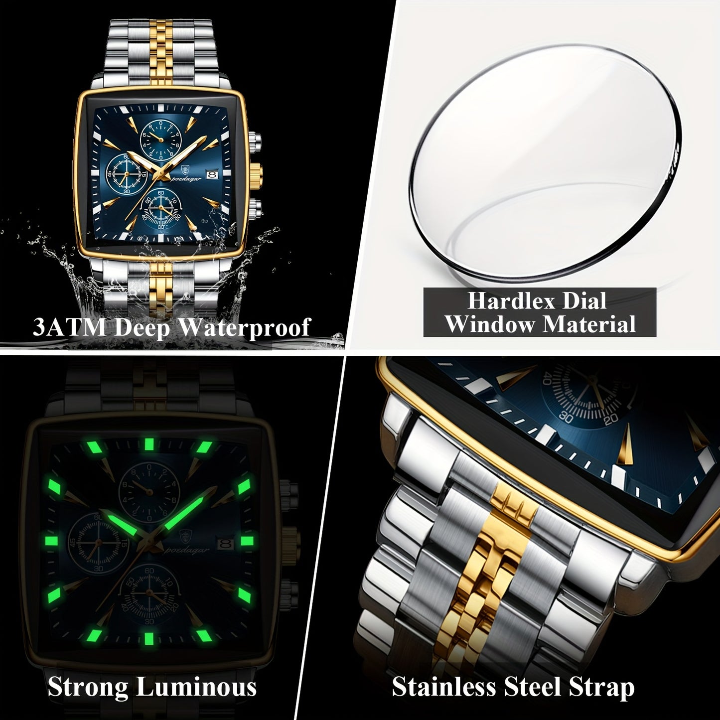 POEDAGAR Men's Stainless Steel Luminous Watch - Blue Dial Chronograph, High Quality Quartz Movement with Date Calendar, Golden-Tone Accents for Business Casual & Casual Attire, Formal Accessory, Stylish Accessory, Refined Cra