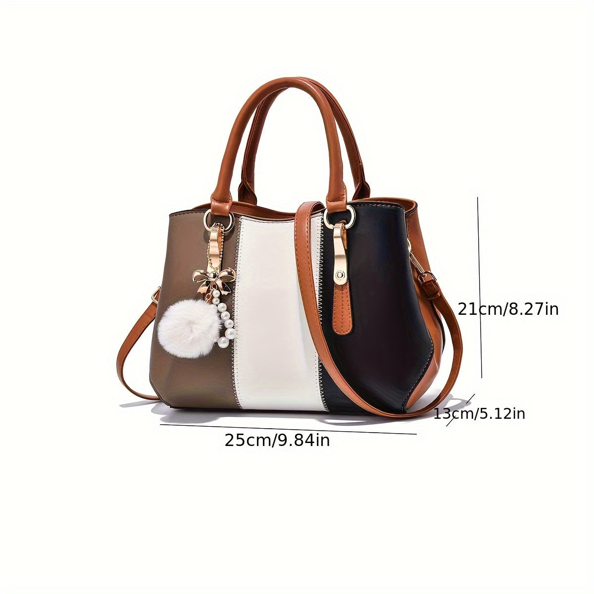 Stylish Women'S Shoulder Bag with Detachable Strap - Large Capacity, Geometric Pattern, White, Blue, and Brown, Perfect for Work, Parties, and Everyday Use, Party Accessory | Geometric Pattern Bag | Durable Zipper Closure, Pu