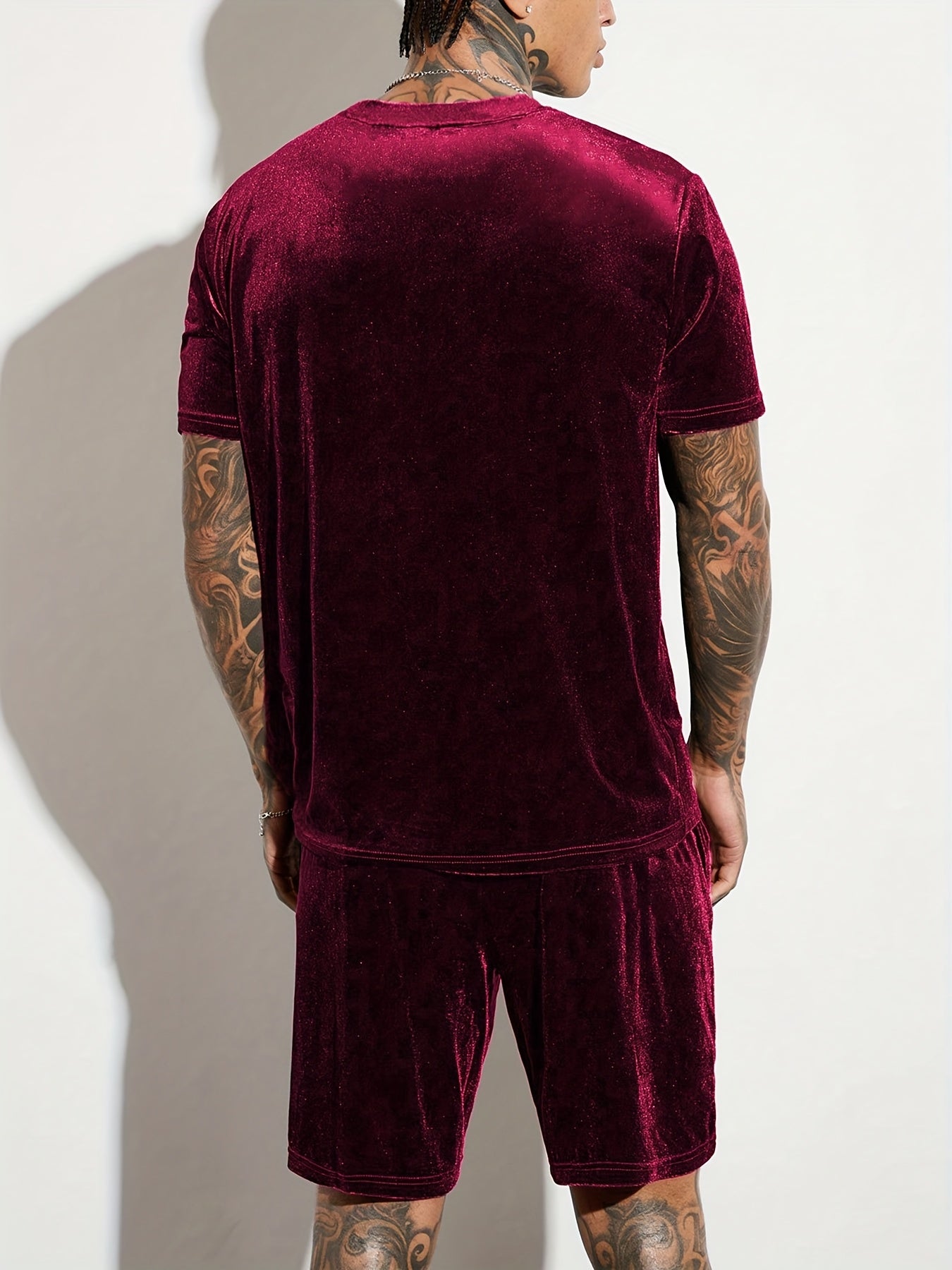 Men'S Fashion Velvet Knit Pullover Set, Contrast Letter Embroidery Top and Solid Color Drawstring Shorts, Simple Casual Outing Commuting Vacation Light Luxury Set, Regular Fit Elastic Knit Two-Piece Set, High-end Sheen Light