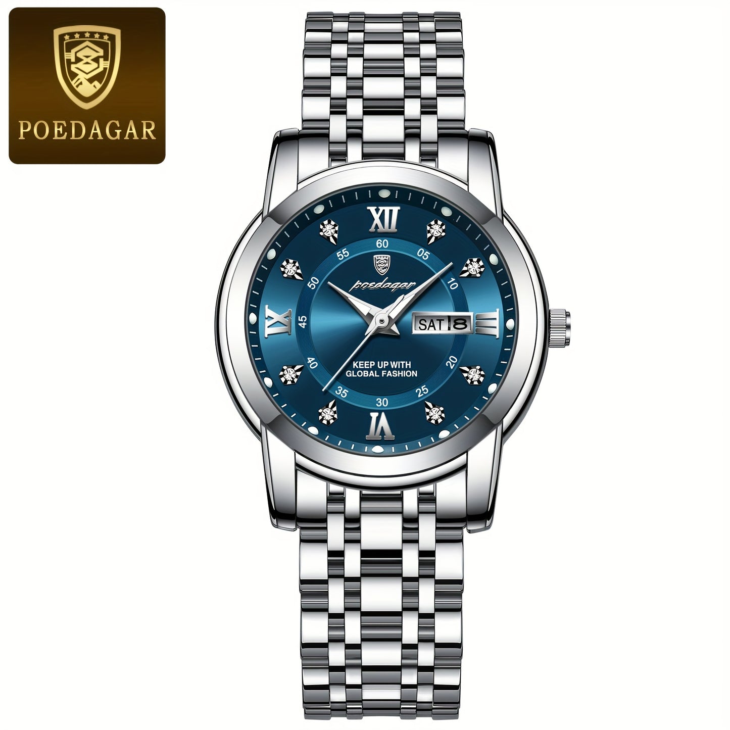 POEDAGAR Elegant Stainless Steel Quartz Watch for Women, Luminous Calendar, Round Alloy Case, Trendy Korean Style, Non-Rechargeable Battery, Watch Accessories