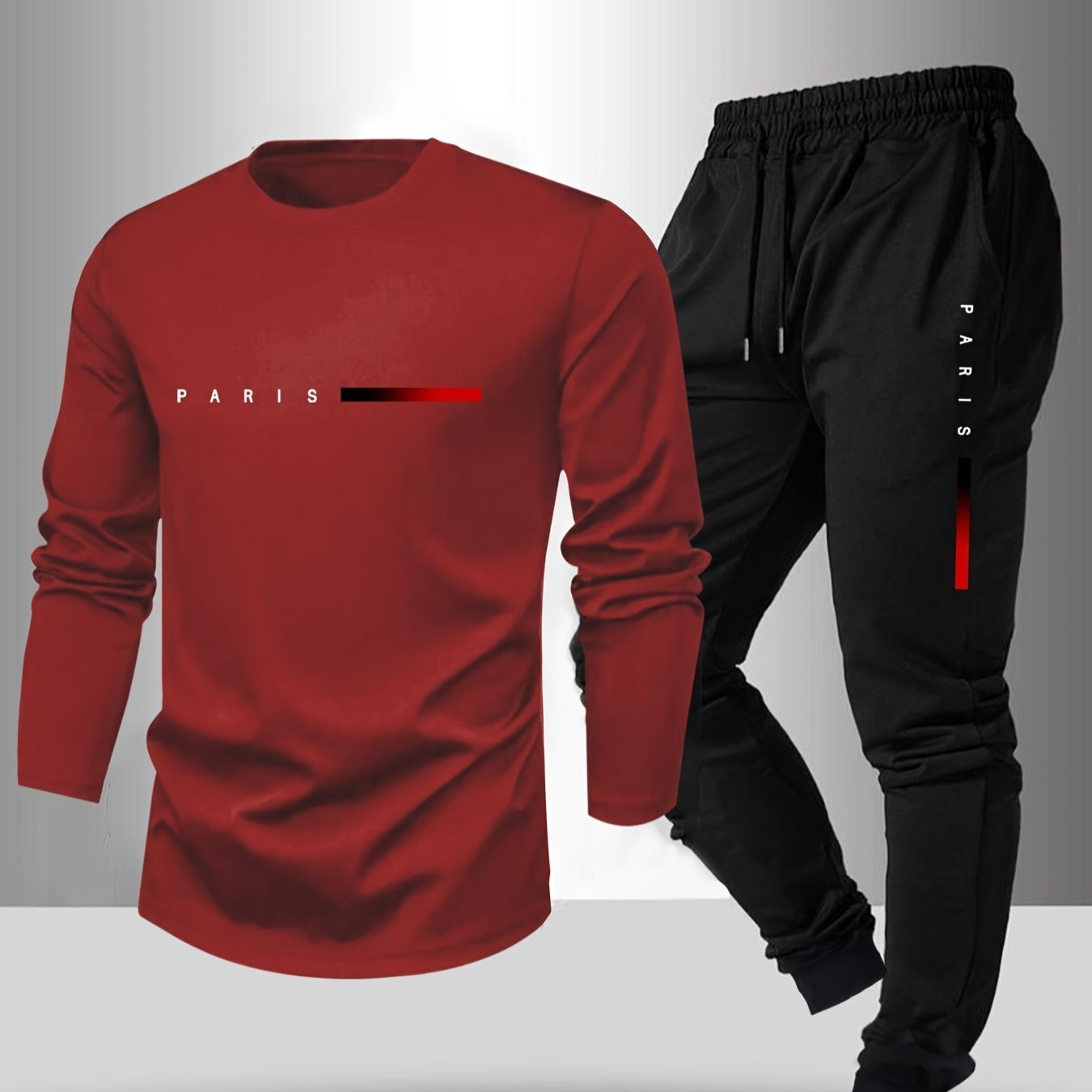 Men's Long Sleeve T-shirt and Pants Set, Spring/Autumn 2pcs set with Paris letter print round neck long sleeve T-shirt + drawstring outdoor casual sports pants set of 2