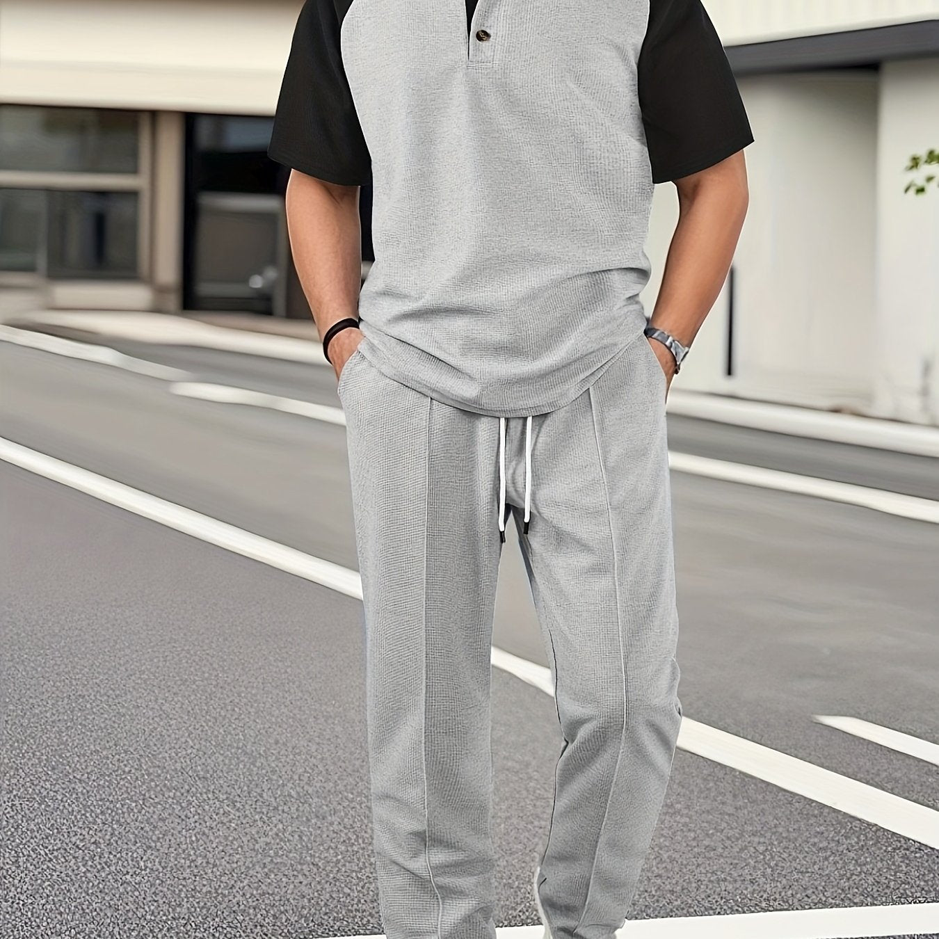 Men's Casual Mixed Color Spliced Set: Shirt and Drawstring Pants, Clean and Comfortable
