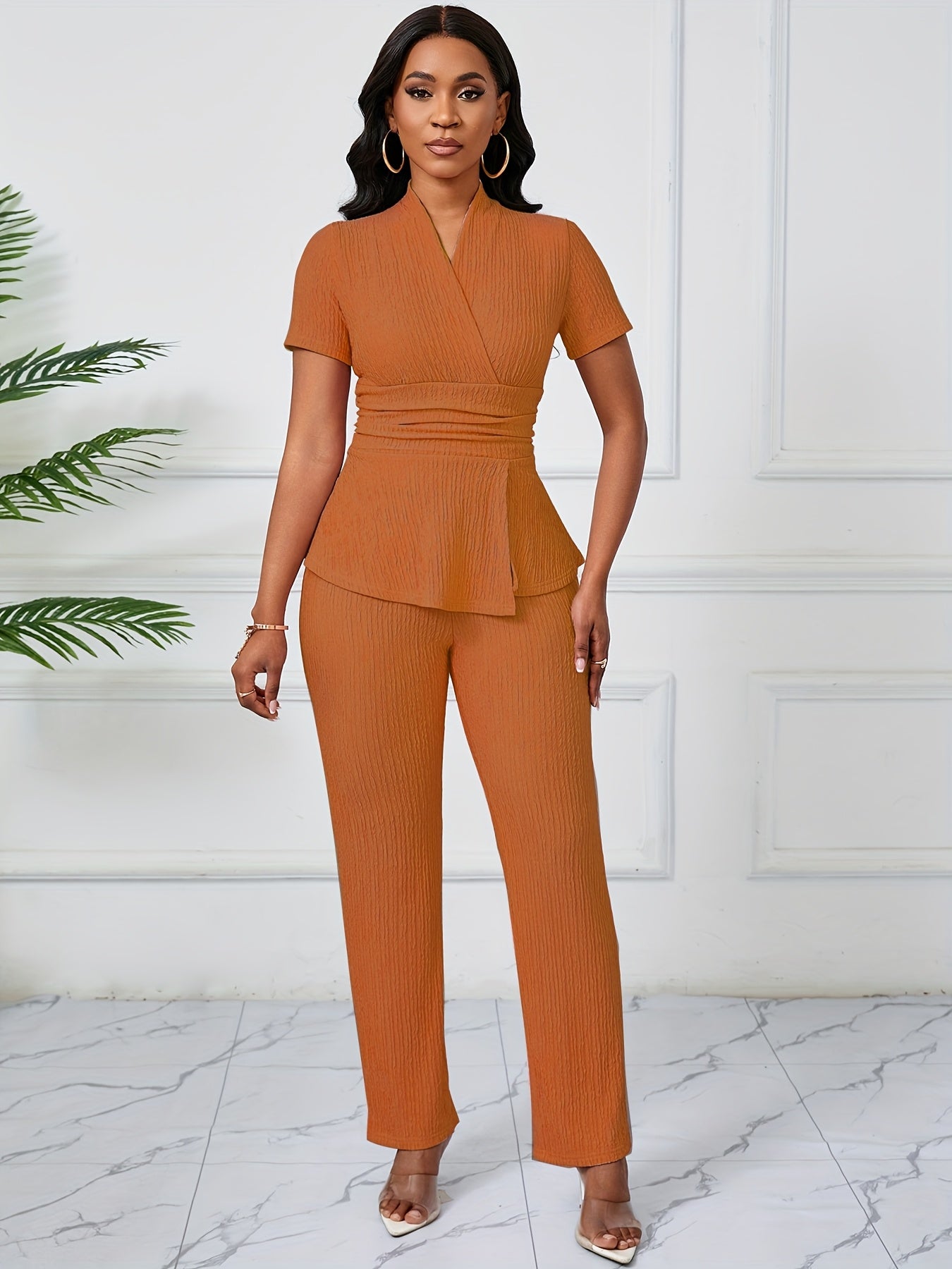 Women'S Elegant Casual Solid Color Textured Jumpsuit - Stylish Short Sleeve Top & Wide-Leg Pants, Perfect for All Seasons, Casual Attire|Textured Jumpsuit|Casual Style