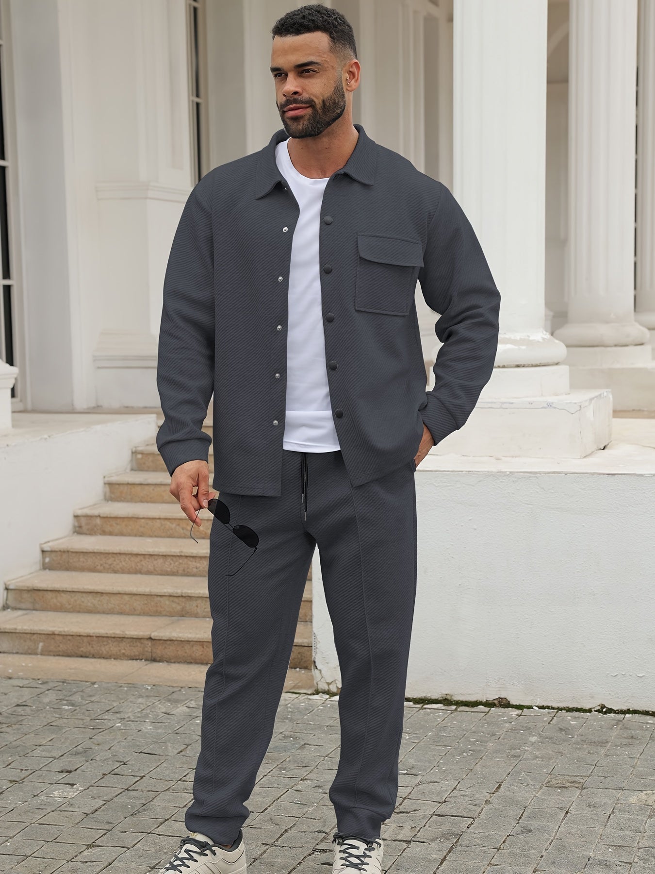 Men's Casual Sportswear Set - Long Sleeve Button-Up Shirt & Joggers, Stretch Fabric, Spring/Fall Collection