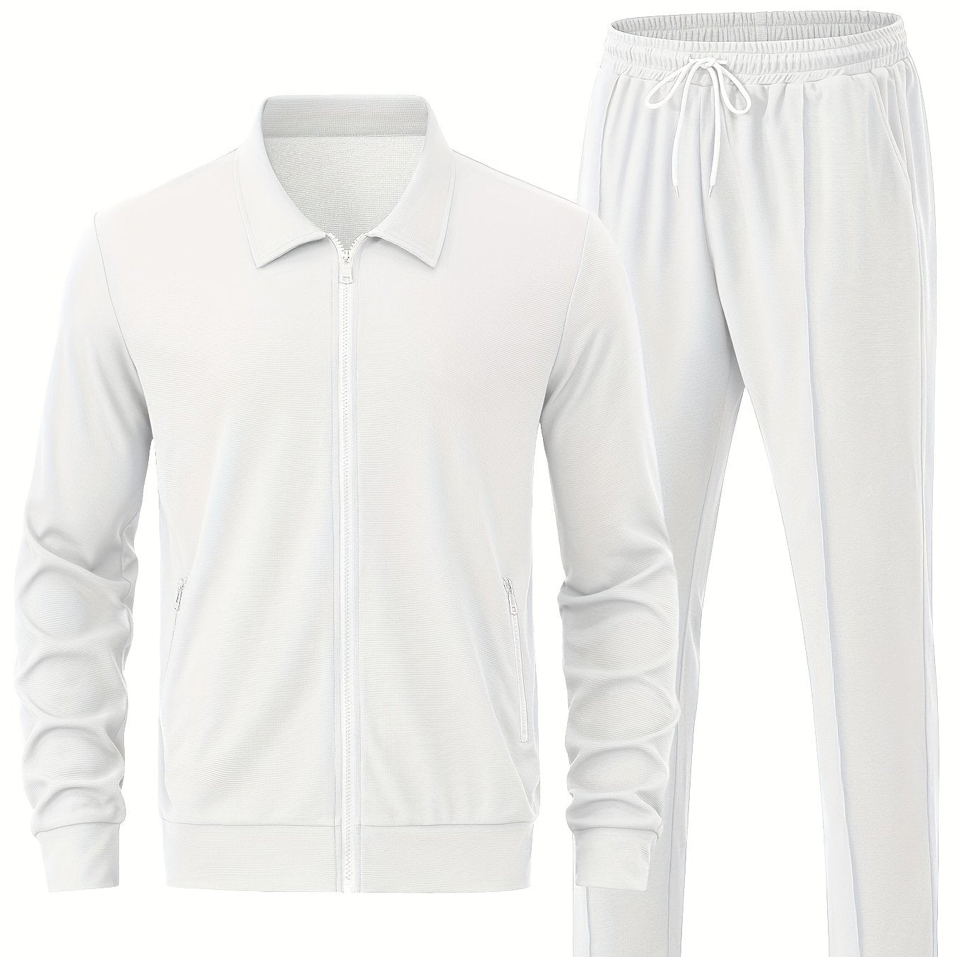 Men's Solid Waffle 2pcs Athletic Outfits, Zip-up Jacket & Pants co ord set for Outdoor Sports