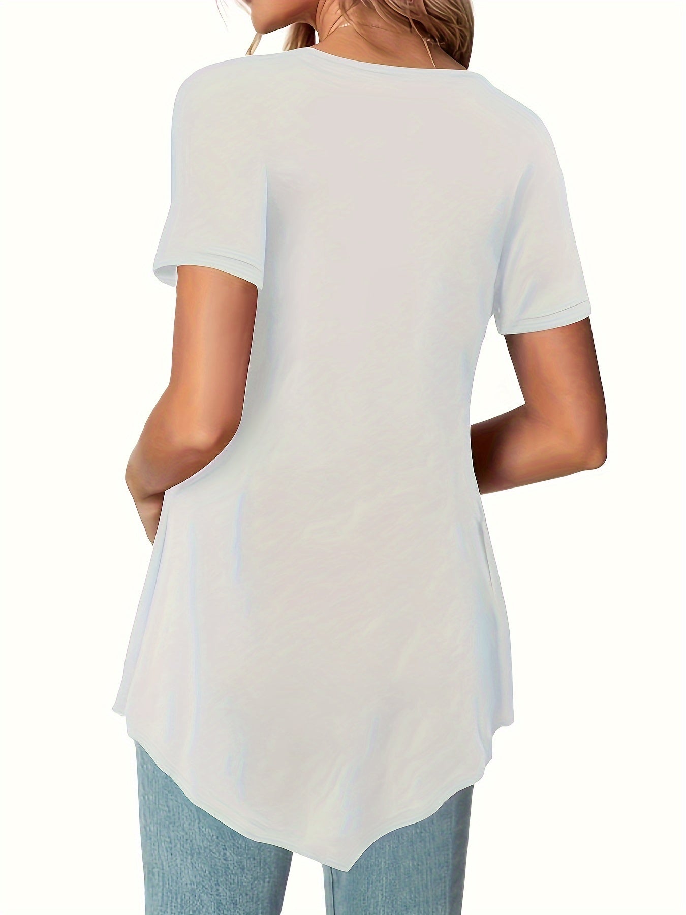 Asymmetrical Hem Crew Neck T-shirt, Short Sleeve Casual Top For Summer & Spring, Women's Clothing