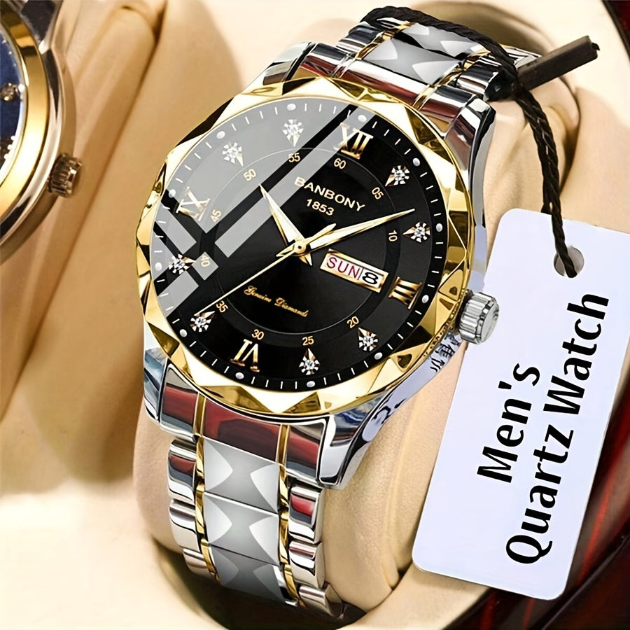 1pc Stainless Steel Strap Men'S Roman Numerals Dial Rhinestones Multifunctional Watch, Ideal for Birthday, Holiday Gifts Valentine'S Day