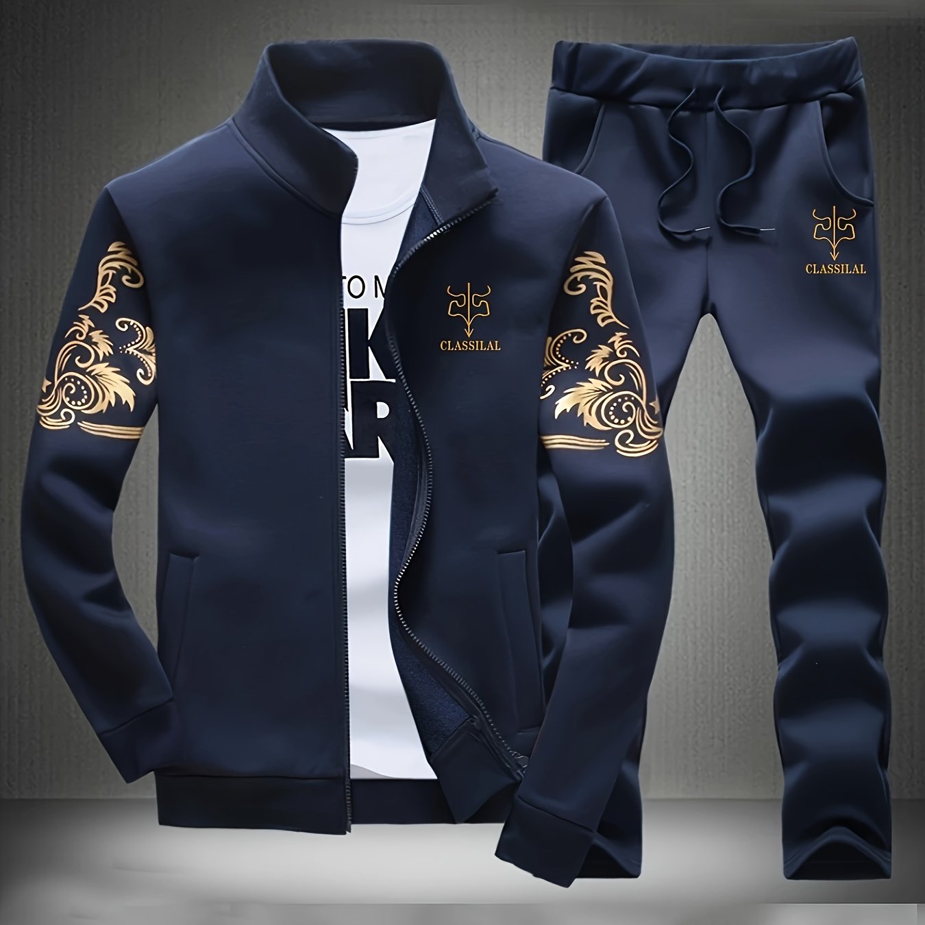 Men'S Navy Blue "Shan Yes" Print Casual Sports Suit - Zip-Up Hoodie & Joggers with Pockets, Regular Fit for Spring & Fall, Comfortable Leisure Wear, Leisure Wear Hoodie | Sporty Hoodie | Zipper Closure, Essential Hoodie