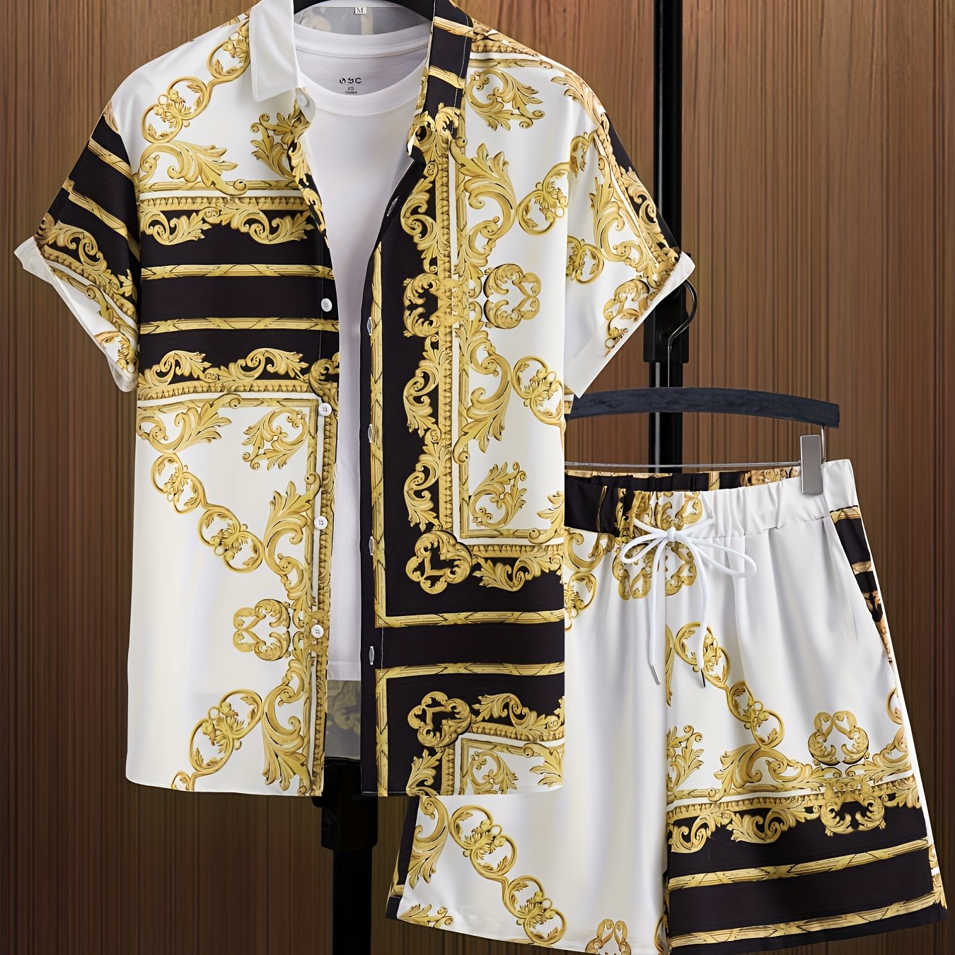Men's Hawaiian Print Short Sleeve Shorts Shirt Set Loose Two-Piece
