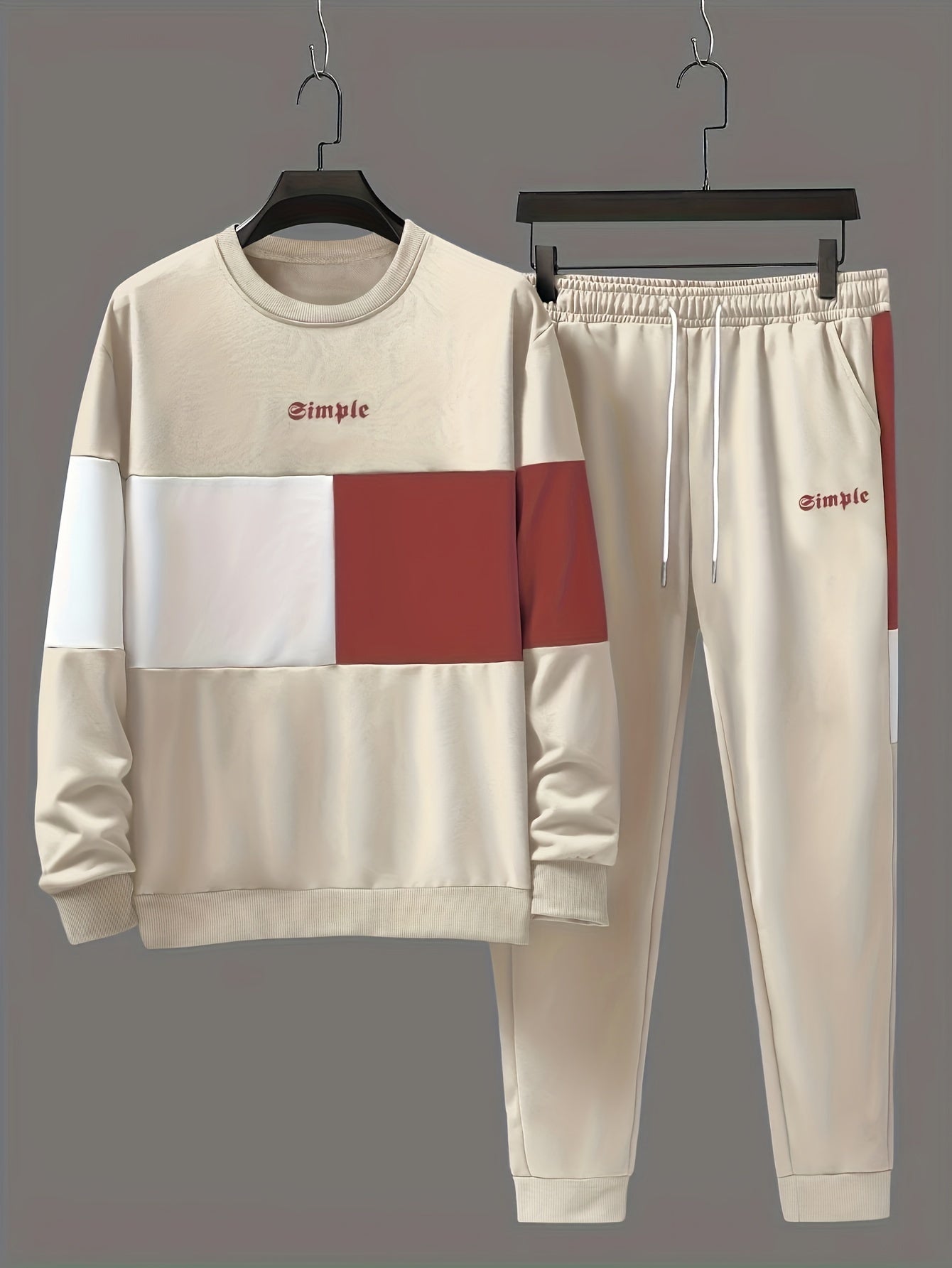 Men's Casual Crew Neck Sweatshirt & Joggers Set - Color Block, Polyester Blend, Machine Washable - Perfect for Spring/Fall, Leisure Style, Conventional Version, Spring/Autumn
