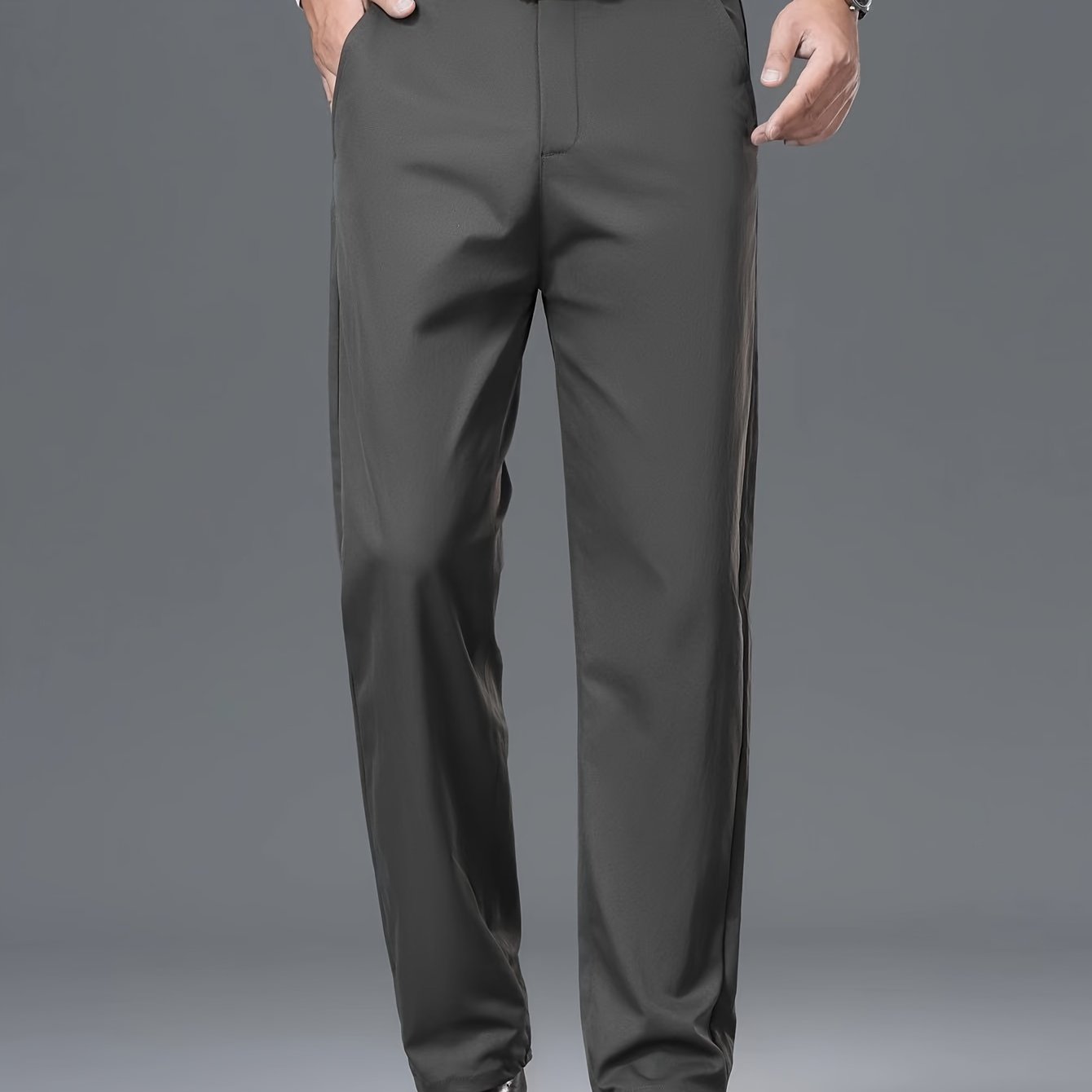 1pc Men'S Spring/Fall Light Business Casual Straight Leg Pants, 100% Polyester, Solid Color, Slight Stretch, Mid Waist, Regular Fit, Zipper Fly, Woven, No Lining - Versatile for Work and Casual Occasions