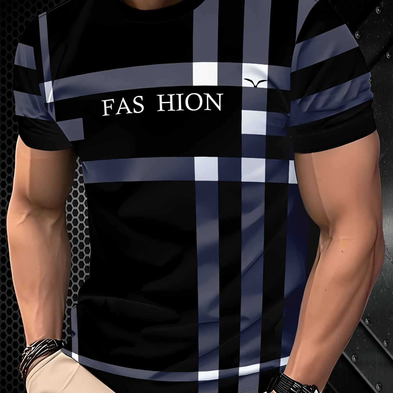 Men'S Casual "FAS HION" Graphic T-Shirt - Black & Blue Plaid, Short Sleeve, Round Neck, All-Season Comfort Fit, Casual Attire | Plaid Pattern Top | Comfortable Fit Shirt