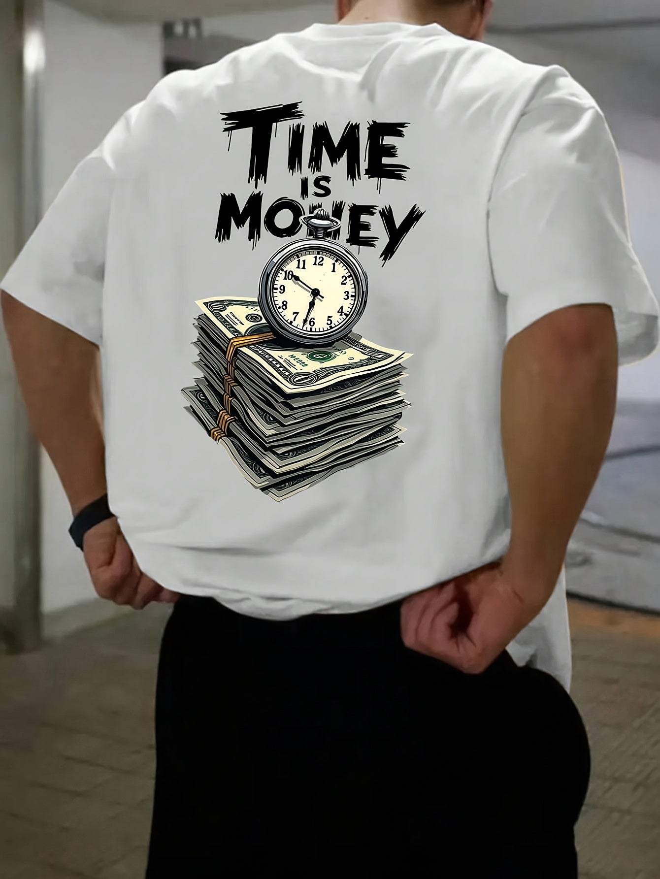 Men'S Casual Short Sleeve T-Shirt with "Time is Money" Clock & Stack of Cash Graphic - Lightweight Polyester, Loose Fit, Round Neck, Perfect for Spring & Summer Outdoor Wear, Relaxed Fit Shirt | Bold Graphic Tee | Glossy Text