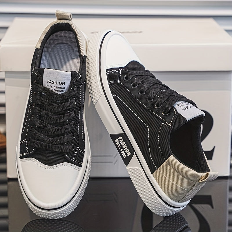 Men's Breathable Canvas Sneakers - Low-Top Lace-Up Skate Shoes, Fashionable Casual & Sporty Design with Green & Beige Color Block, Non-Slip PVC Sole for Casual Attire, Outdoor Sneakers | Laceup Closure | Stylish Lowtops