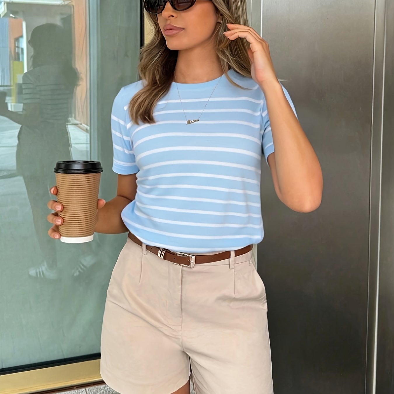 Women'S Y2K Green & White Striped T-Shirt - Casual, Versatile Top for Spring/Summer, Short Sleeve, Round Neck, Casual Attire | Casual Style | Glossy Finish