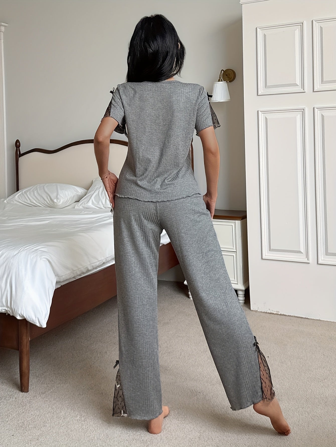 Women'S Elegant Gray Lounge Set with Short Sleeves, Round Neck, and Floral Embroidery - Perfect for Spring/Summer, Includes Matching Shorts and Long Pants, Comfortable Home Wear, Relaxed Fit, Casual Wear | Floral Embroidery T