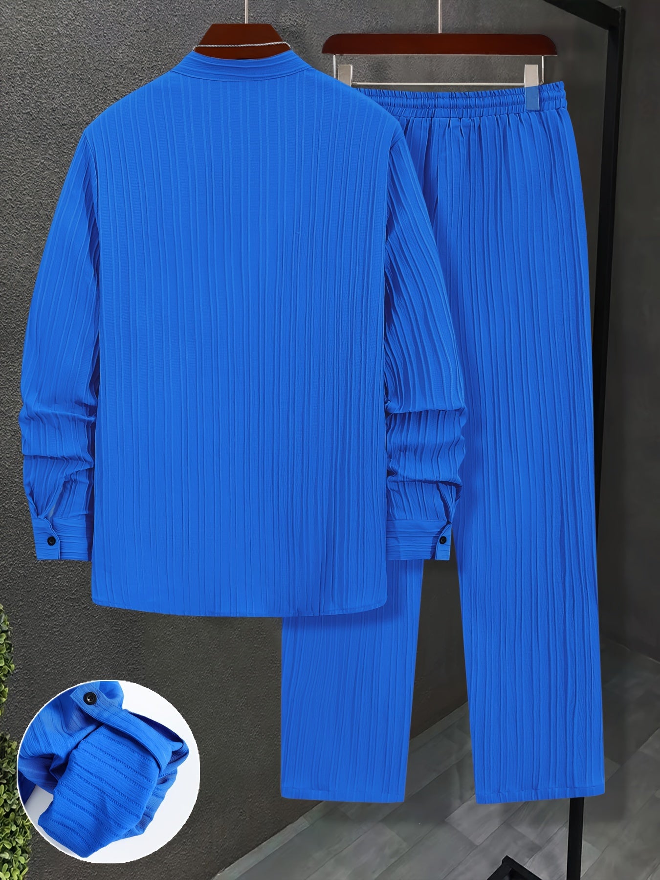 Men'S Two-Piece Set Featuring Textured Fabric, Versatile Long-Sleeve Shirt with Ear Loops, And Loose Drawstring Casual Pants.
