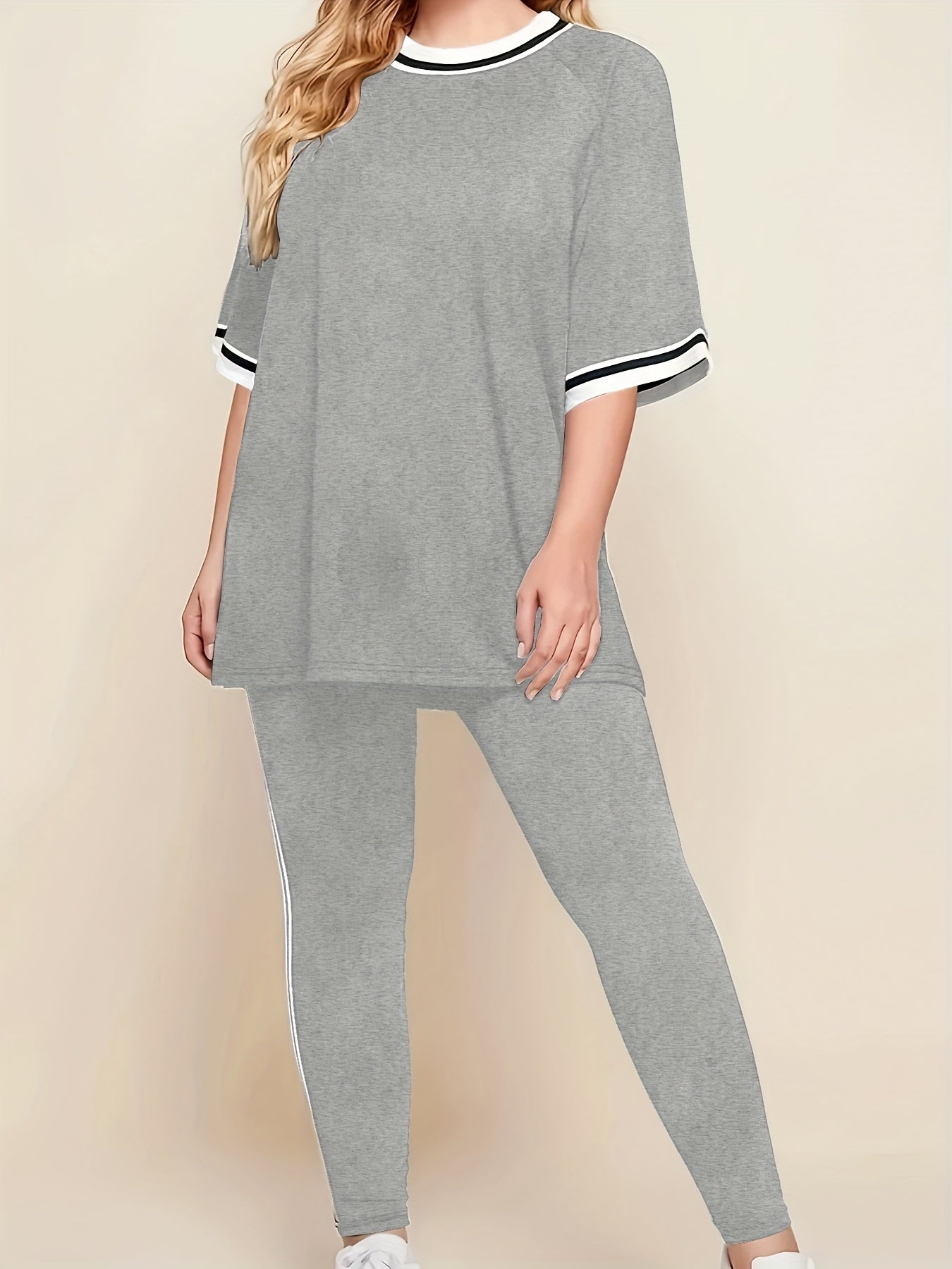 Women'S Plus Size Casual Lounge Set - Gray & White Striped Oversized T-Shirt with Matching Joggers, Comfortable All-Season Home Outfit, Joggers for Women