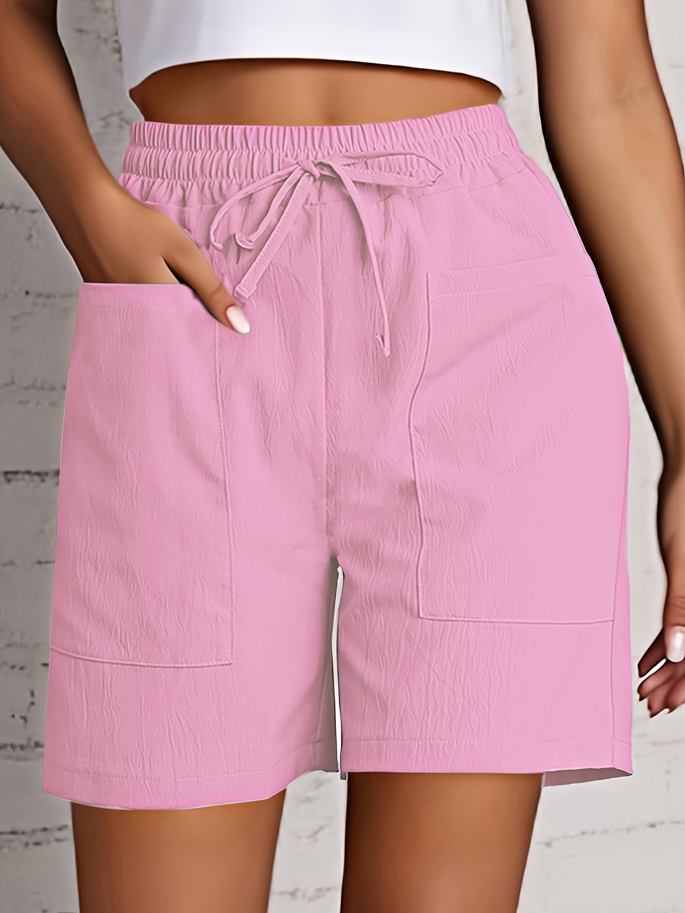 Women's Beige Cargo Shorts - Casual & Stylish, Solid Color with Drawstring Waist and Pockets, Polyester Blend, Machine Washable, All-Season Comfort