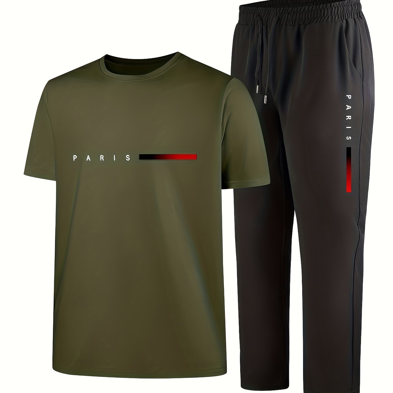 Men'S Casual Sports Two-Piece Set Short Sleeve Top Straight Leg Pants with Paris Print, Fashionable And Trendy, Ideal for Summer, Parties, Casual Outings, And Everyday Wear, Everyday Wear|Short Sleeve Top|Print Trousers