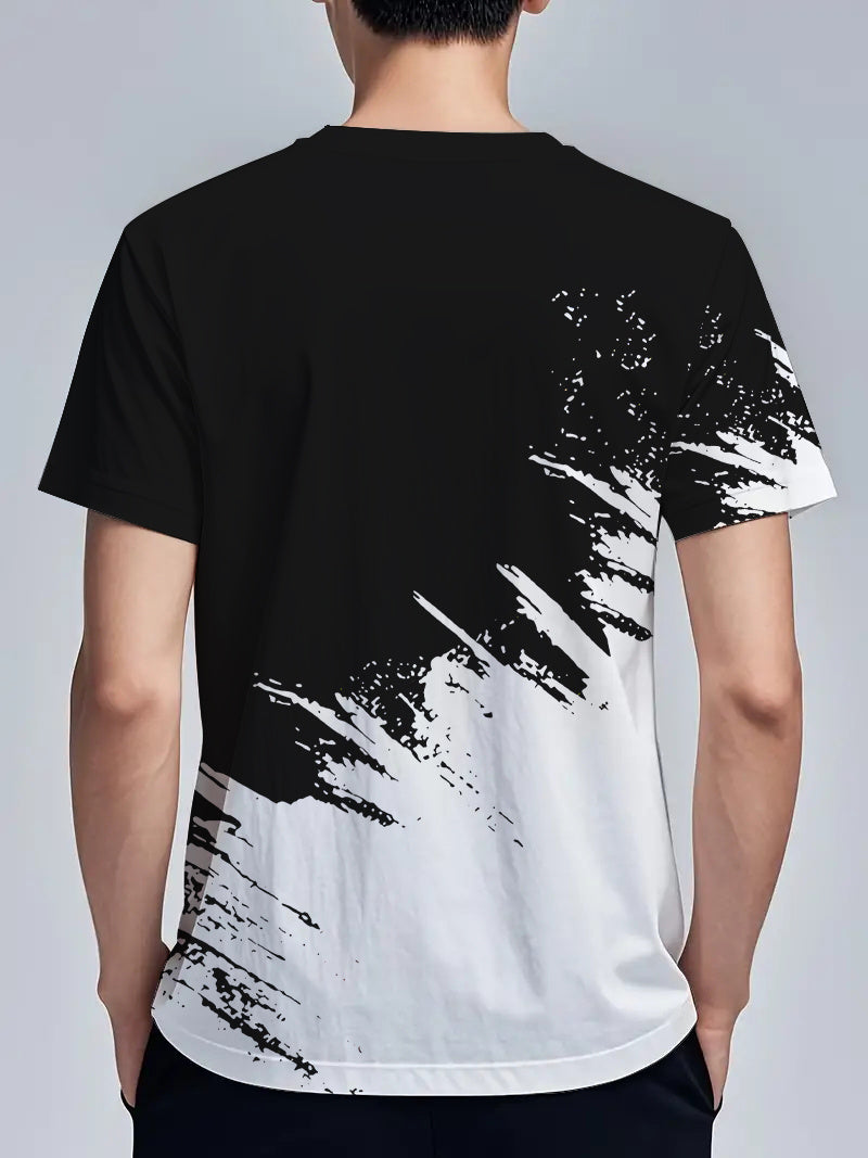 Men's Short-Sleeve T-Shirt with Bold Black & White Mountain Graphic Print - Breathable Summer Casual Tee, Regular Fit Round Neck, Hand Wash Only, Leisure Clothing, Modern Tee, Nontransparent Fabric, Daily Outfit, Creative Pat