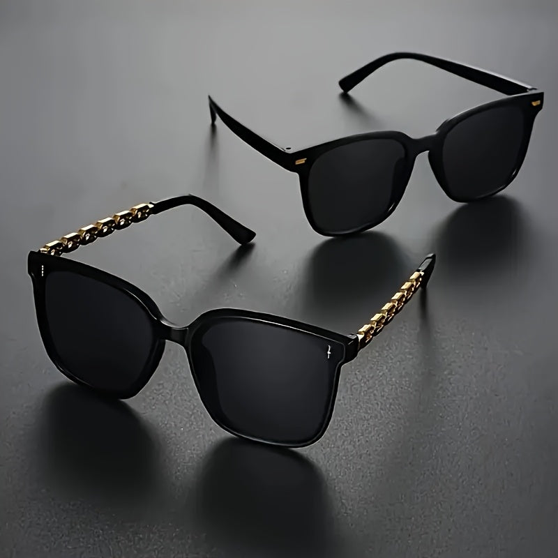 2pcs Men's Casual Fashion Glasses - Black with Golden Chain Accents, Oversized Retro Style, Lightweight & Durable for Everyday Fashion, Versatile for Casual & Formal Outfits, Stylish Glasses, Oversized Eyewear, Metallic Accen