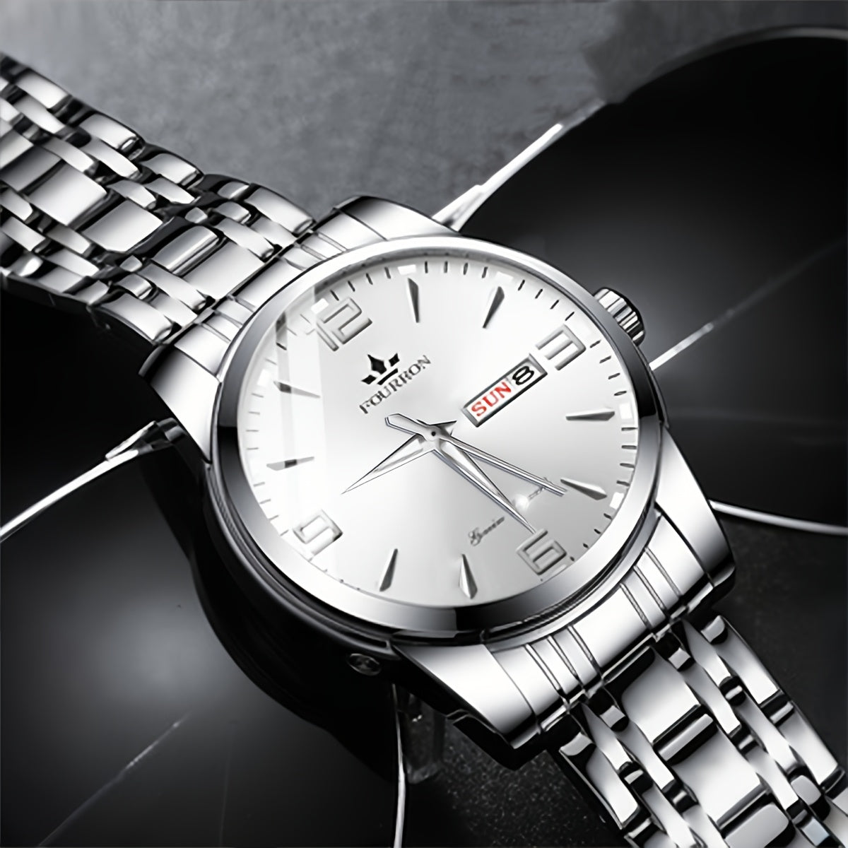1pc New FOURRON Men's Stainless Steel Strap Quartz Watch - Large HD Scratch Resistant and Wear-Resistant Dial, IPX7 Waterproof, Luminous, Date & Calendar Function, Silent Movement, Stylish Gift for Him