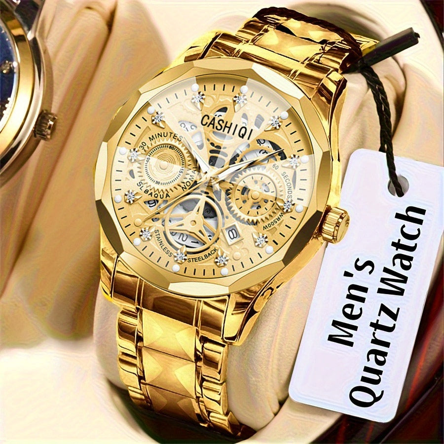 CASHIQI Brand Men'S Steel Strap Quartz Watch with Rhombus Dial, Sparkling Decoration, Calendar, And Luminous Display, IPX7 Waterproof Hollow Quartz Watch for Business, Travel, And Casual Wear - A Perfect Gift Choice.