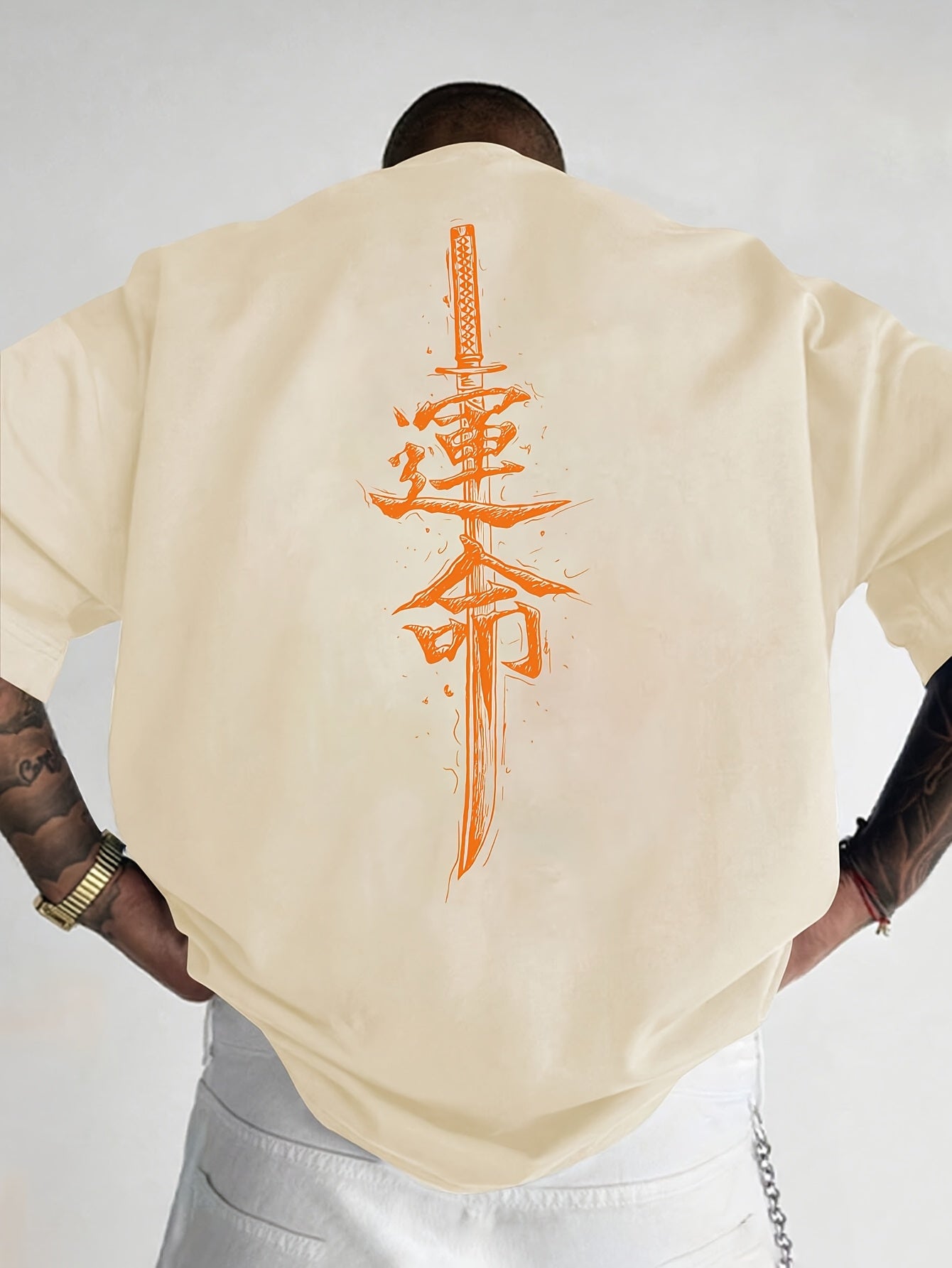Men'S Japanese Samurai Sword Graphic T-Shirt - Casual Loose Fit Crew Neck, Short Sleeve Tee with Red Stylized Japanese Katanas Design, Breathable Polyester for Spring & Summer Outdoor Wear