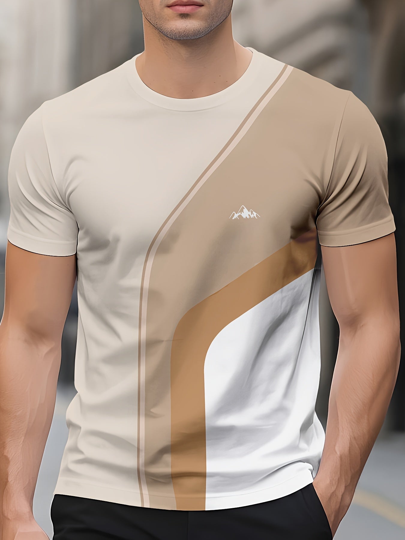 Men'S Beige Geometric Print T-Shirt - Casual Crew Neck, Slight Stretch Fabric, Modern Design with Striking Patterns, Everyday Tshirt | Modern Tshirt | Comfortable Fit