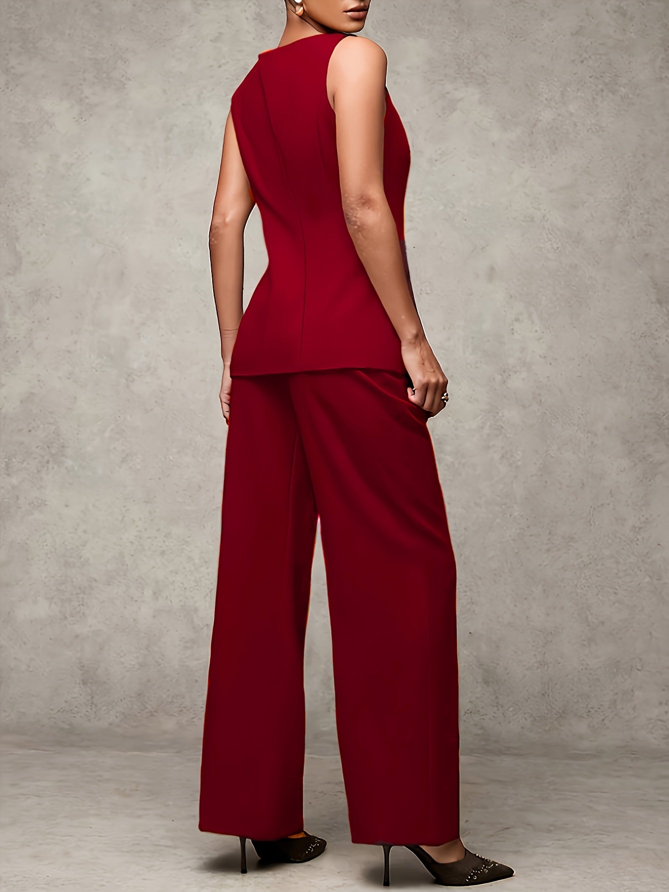 Women'S Elegant Two-Piece Office Set - Sleeveless Top with Button Details & Wide-Leg Pants, Black & White Striped, Perfect for Summer & Autumn, Office Attire|Sleeveless Top|Button Detailin