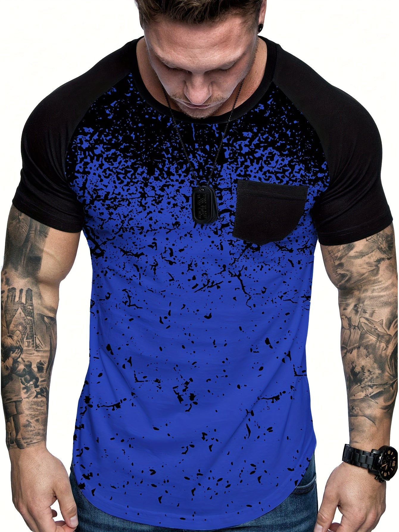 Chic Printed T-shirt, Men's Casual Street Style Stretch Round Neck Tee Shirt For Summer