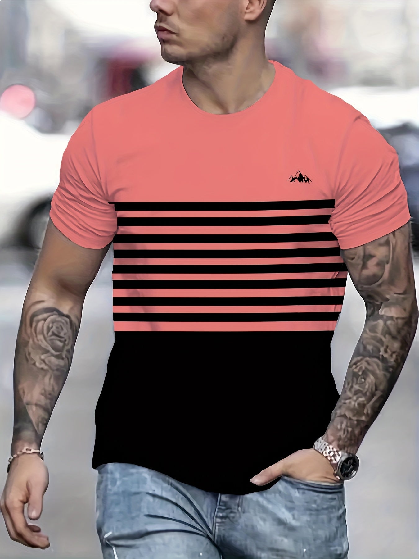 Stylish Men'S Top, a Short-Sleeve T-Shirt with Vibrant 3D Print Striped Patchwork And a Round Neck, Perfect for Summer Street Fashion And Casual Sports.