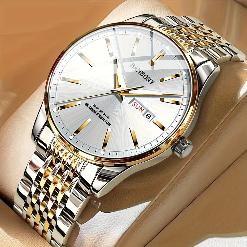 Banbony Men'S Stainless Steel Band Luminous Calendar Watch, IPX7 Waterproof, Quartz Movement, Round Zinc Alloy Case, Casual Fashion Style, with Pointer Display, Battery Powered, Non-rechargeable Button Battery, for B day
