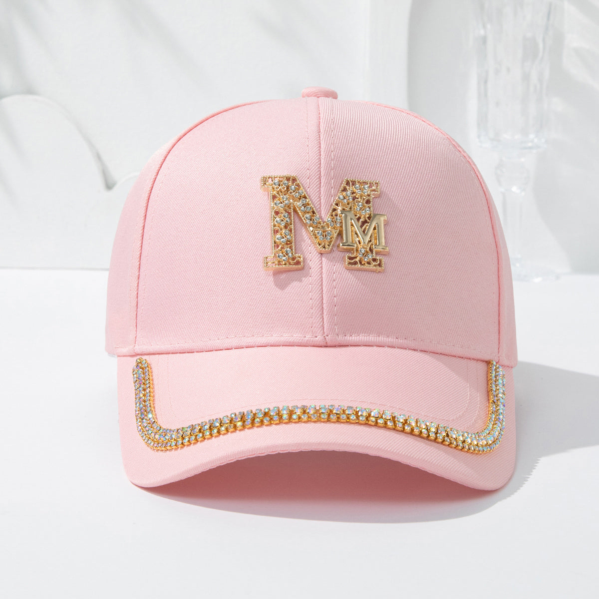 Women's Fashion Patch Baseball Cap With Metallic "M" Initial, Rhinestone Accents, Adjustable Snapback Cps, Wide Brim Sun Hats