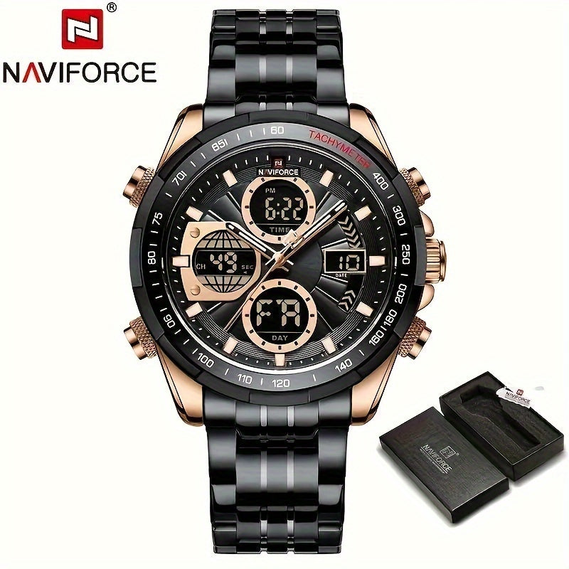 NAVIFORCE Men's Luxury Sports Quartz Watch - Waterproof, Genuine Leather Strap, Dual Display with Date & Chronograph Functions, Case, Green Accents, Luxury Timepiece|Tachymeter Equipped|Genuine Leather Band Valentine's Day