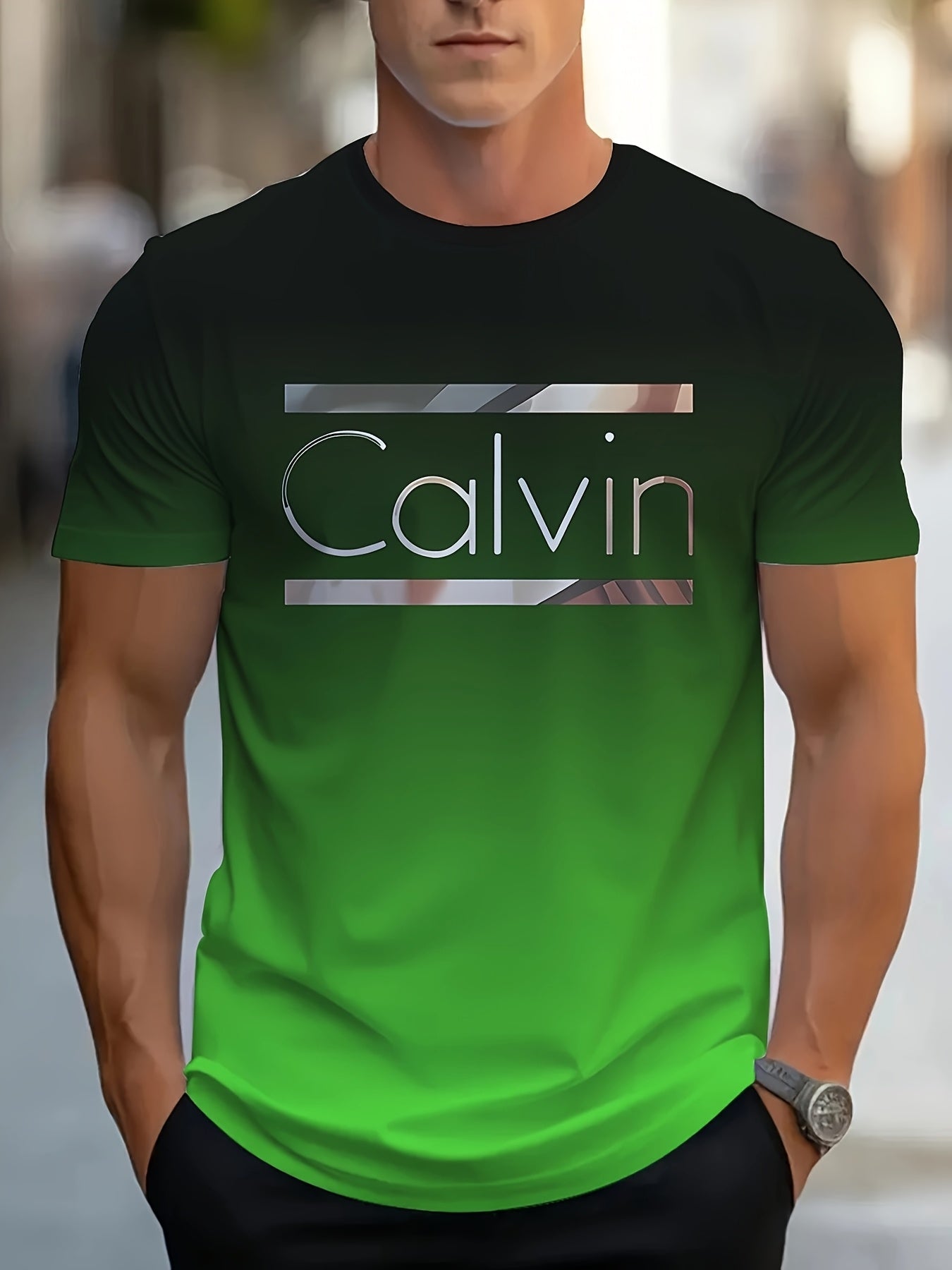 Men'S "Calvin" Graphic T-Shirt - Casual 3D Print Letter Tee with Geometric Design, Short Sleeve, Round Neck, Light Blue, Perfect for Summer, Everyday & Sportswear, Casual Wear Tee | Modern Casualwear | Comfortable Fit