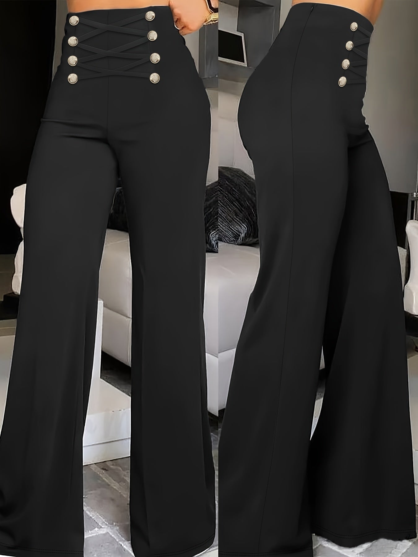 Elegant Double-Breasted Waistband Casual Pants, Solid Color, Polyester, Machine Washable - All Seasons, Queen Style, High-Grade Design