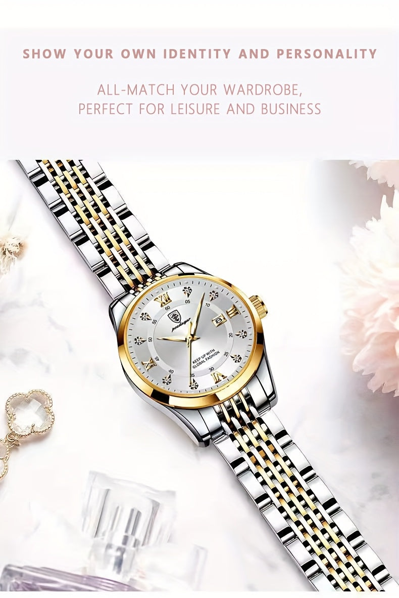 POEDAGAR Elegant Luxury Quartz Watch for Women - Waterproof, Luminous Calendar, Ultra-Thin Movement, Stainless Steel Band, Round Alloy Case, Ideal for Parties and Holidays