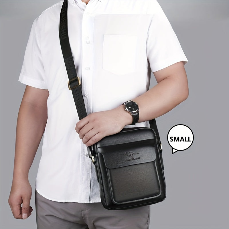 DOSHENG Men's Stylish Black Synthetic Leather Crossbody Bag - Adjustable Strap, Multi-Compartment Business Casual Satchel with Embossed Dinosaur Logo for Office Use, Versatile Crossbody Bag | Stylish Men's Accessory | Metalli