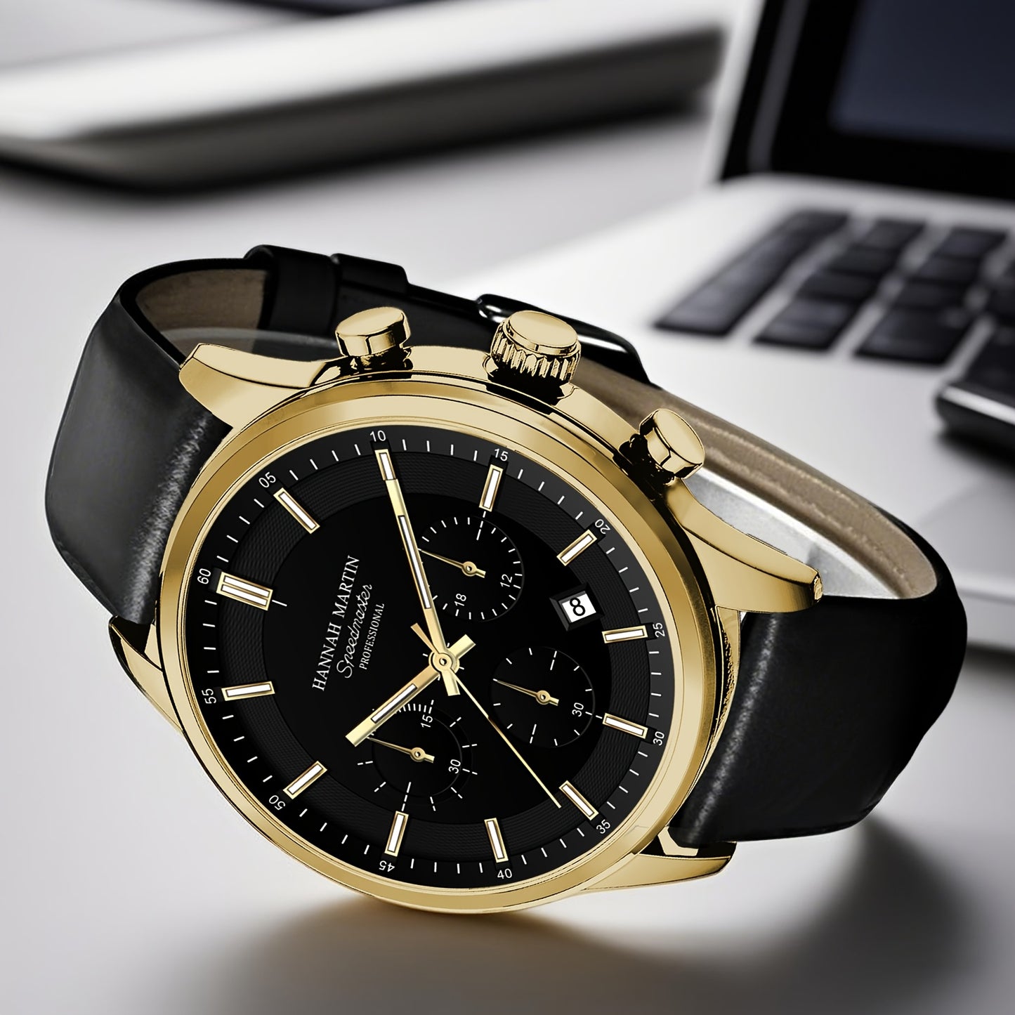 HANNAH MARTIN Men's 2025 Business Chronograph Watch - Black Arabic Numeral & Bar Markers, Date/Second Time Zone, Quartz Movement, Faux Leather Strap, High Quality 30m, Casual & Formal Watch for Casual Attire, Versatile Timepi
