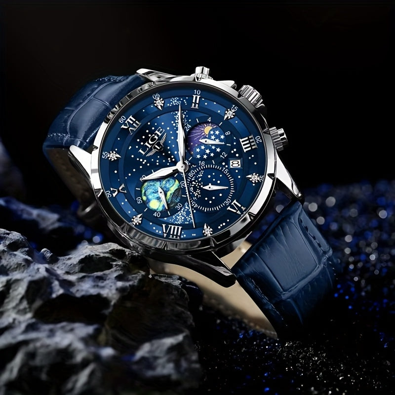 LIGE Luxury Quartz Chronograph Watch with Luminous Hands - Elegant Round Alloy Case, Blue Dial with Roman Numerals, Starry Night Design, Button Battery, Faux Leather Strap, Stylish Accessory|Starry Night Design|Luminous Hands