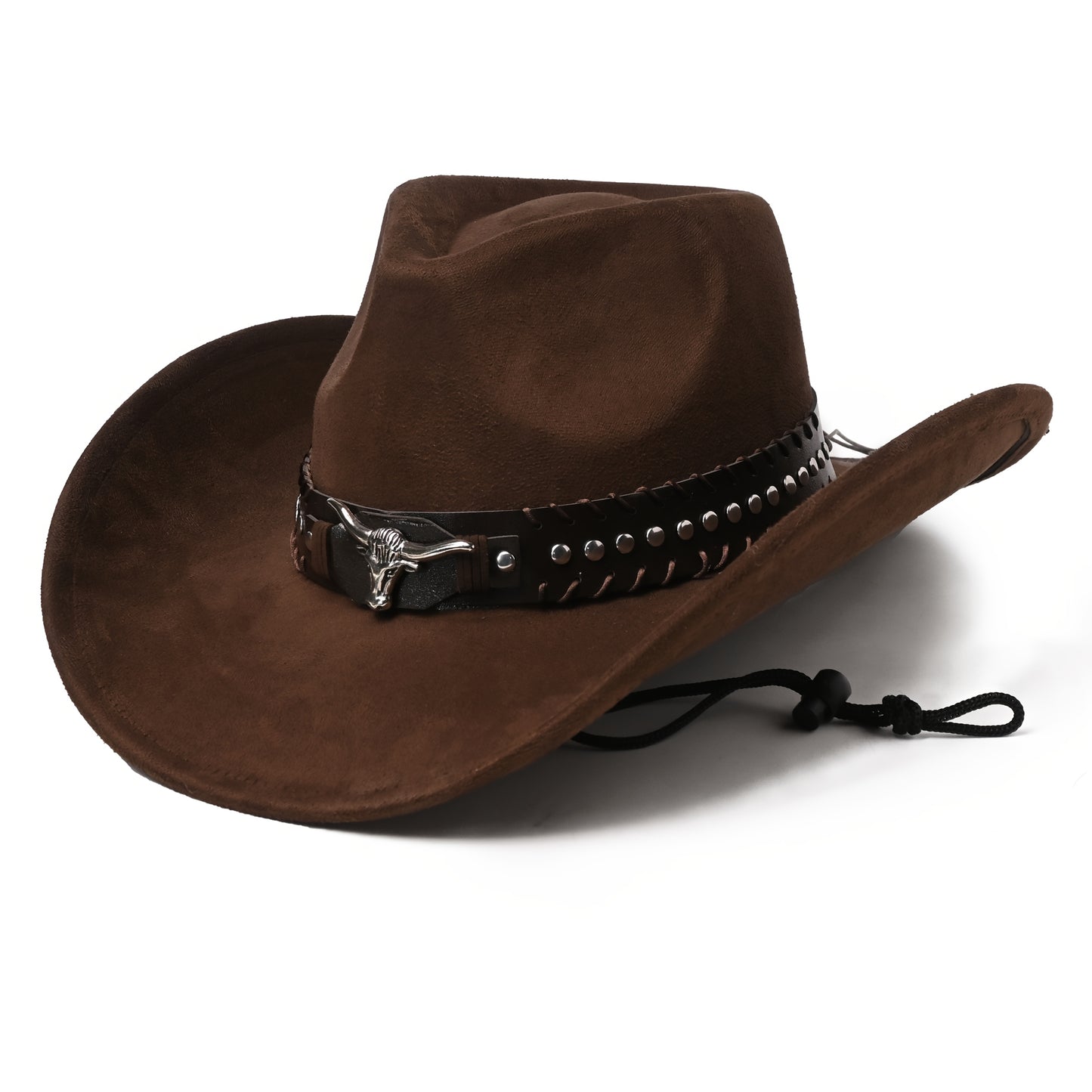 Western Cowboy Hats for Men And Women, Classic Faux Suede with Metal Studs And Bull Pattern, Lightweight Unisex Festival Occasion Hat, Woven Inelastic Polyester with Decorative Accessories, No Feather, Non-Washable