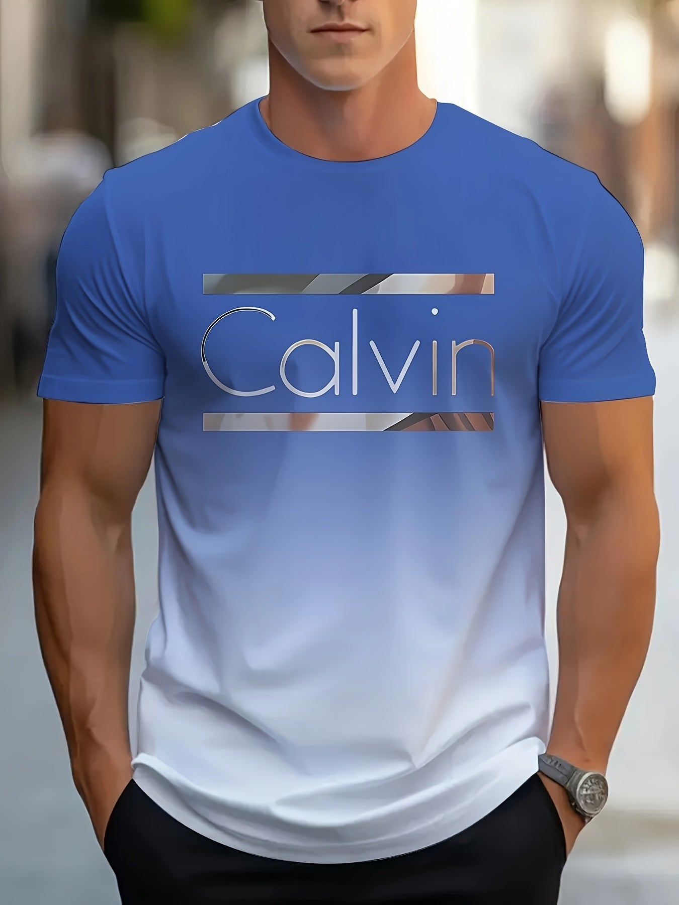 Men'S "Calvin" Graphic T-Shirt - Casual 3D Print Letter Tee with Geometric Design, Short Sleeve, Round Neck, Light Blue, Perfect for Summer, Everyday & Sportswear, Casual Wear Tee | Modern Casualwear | Comfortable Fit