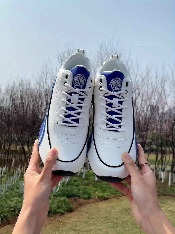 Men'S Lightweight Breathable Running Shoes - Classic Low-Top Design with Thick Cushioned Sole, White & Navy Blue Striped & Graphic Pattern, Lace-Up Closure for Hiking, Casual & Outdoor Wear - Spring/Fall Fashion Sneakers, Hik