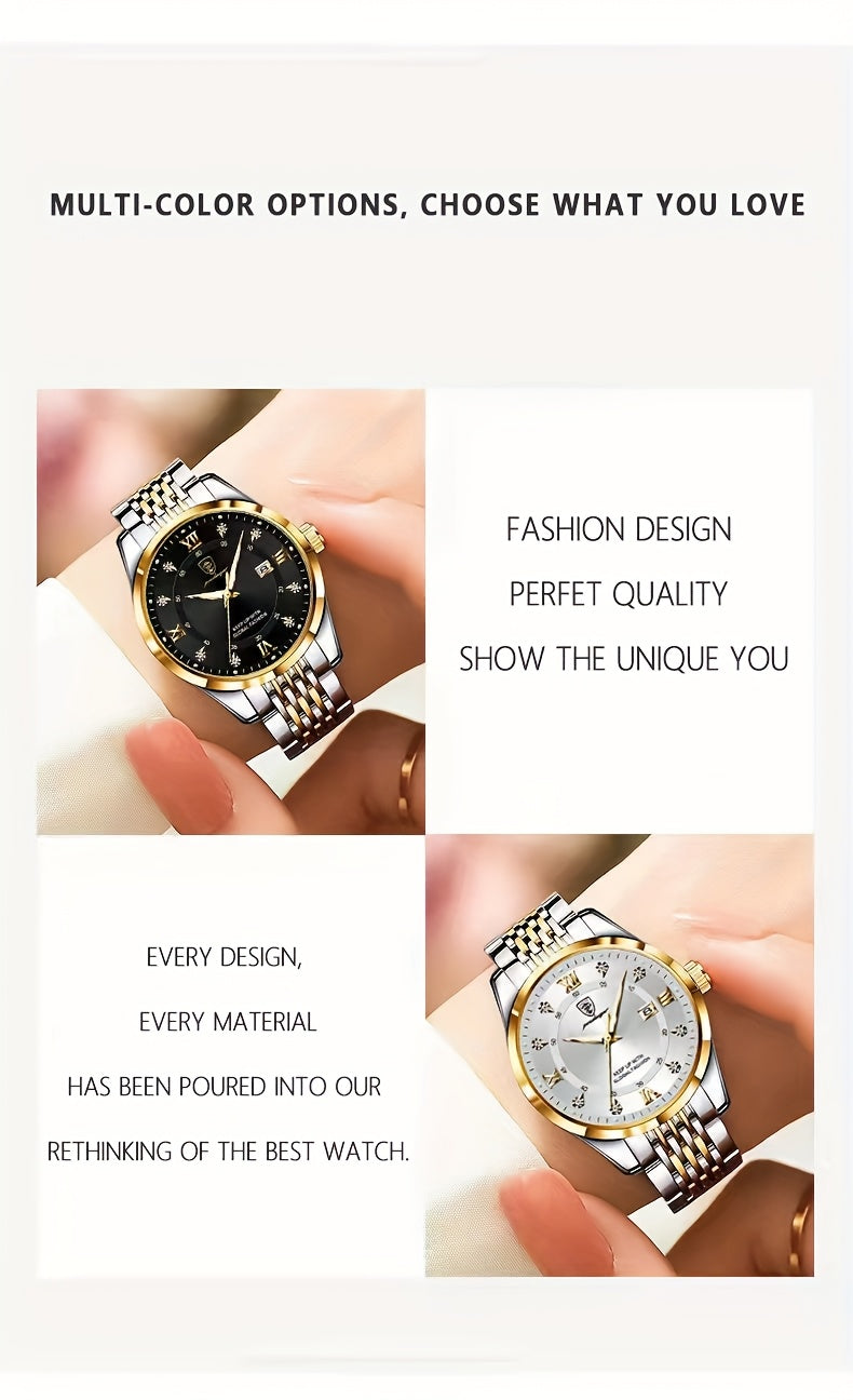 POEDAGAR Elegant Luxury Quartz Watch for Women - Waterproof, Luminous Calendar, Ultra-Thin Movement, Stainless Steel Band, Round Alloy Case, Ideal for Parties and Holidays