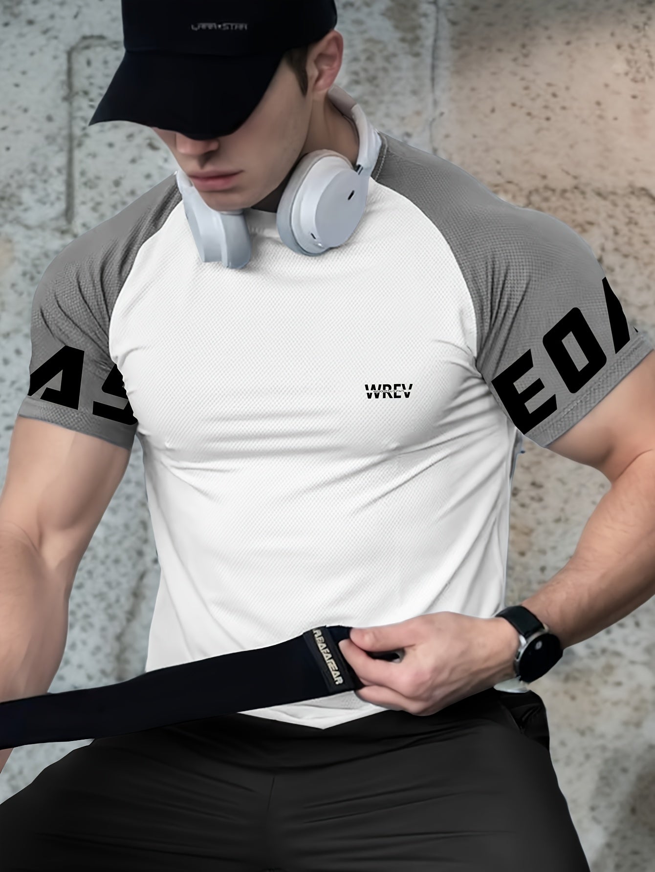 Men's Quick-Dry Breathable Mesh Sports T-Shirt - Summer Gym Workout Top with Contrast Black & White Sleeves & for Man Letter Print, Slim Fit for Running Training Casual Wear, Breathable Running Gear | Sporty Casual Tee | Mesh