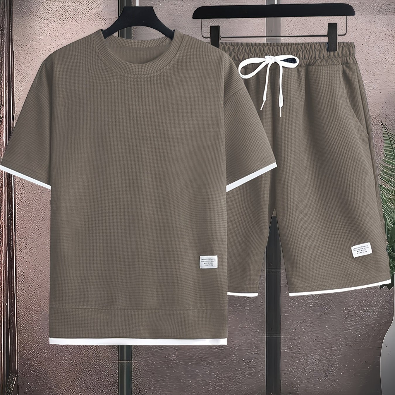 Waffle short-sleeved T-shirt Men's casual sports suit summer loose fake two-piece half-sleeve T-shirt set
