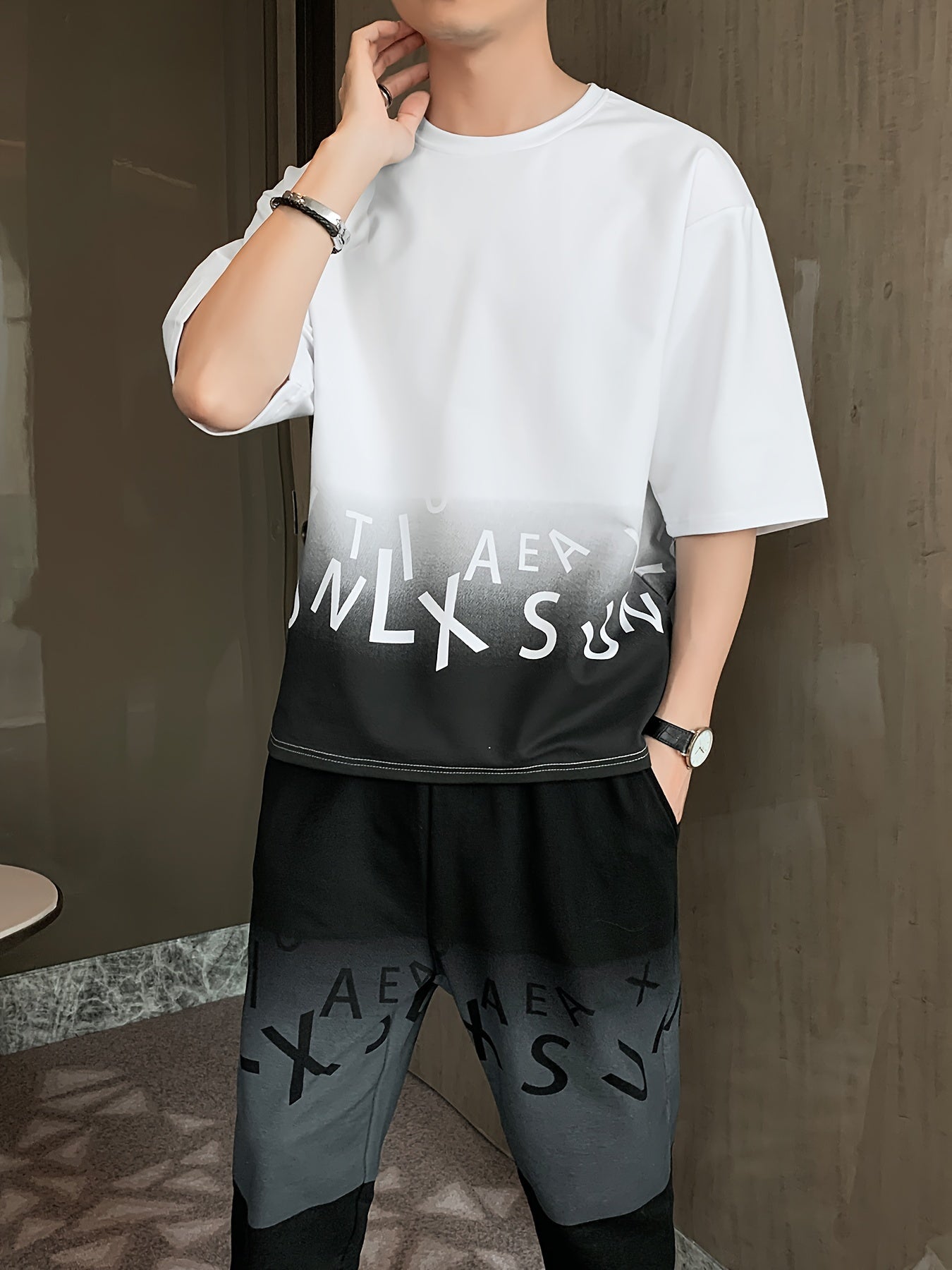 Men's Summer Casual Cotton Blend Outfit Set - Gradient Color Short Sleeve T-Shirt & Stylish Drawstring Shorts, Machine Washable