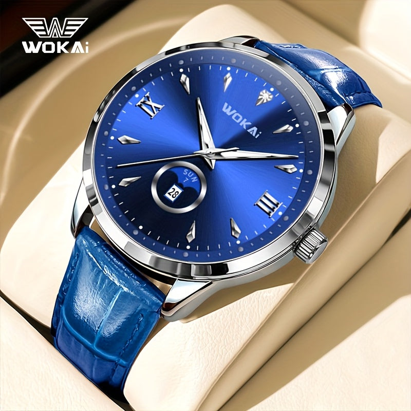 WOKAI Men's Sporty Watch with Glowing Dial, World Time & Date, Round Plastic Case, Faux Leather Strap, Battery-Powered, Perfect Gift for Spring & Summer